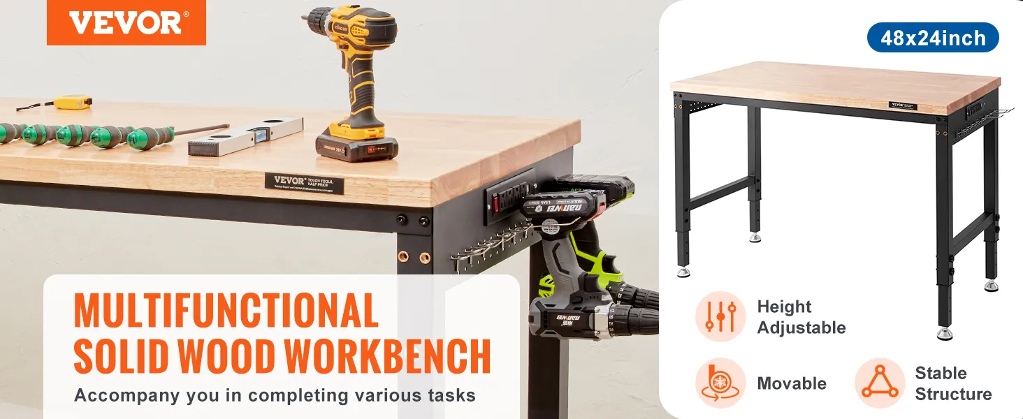 Banco de trabajo ajustable VEVOR con herramientas y taladro sobre superficie de madera maciza, con posibilidad de ajuste de altura.