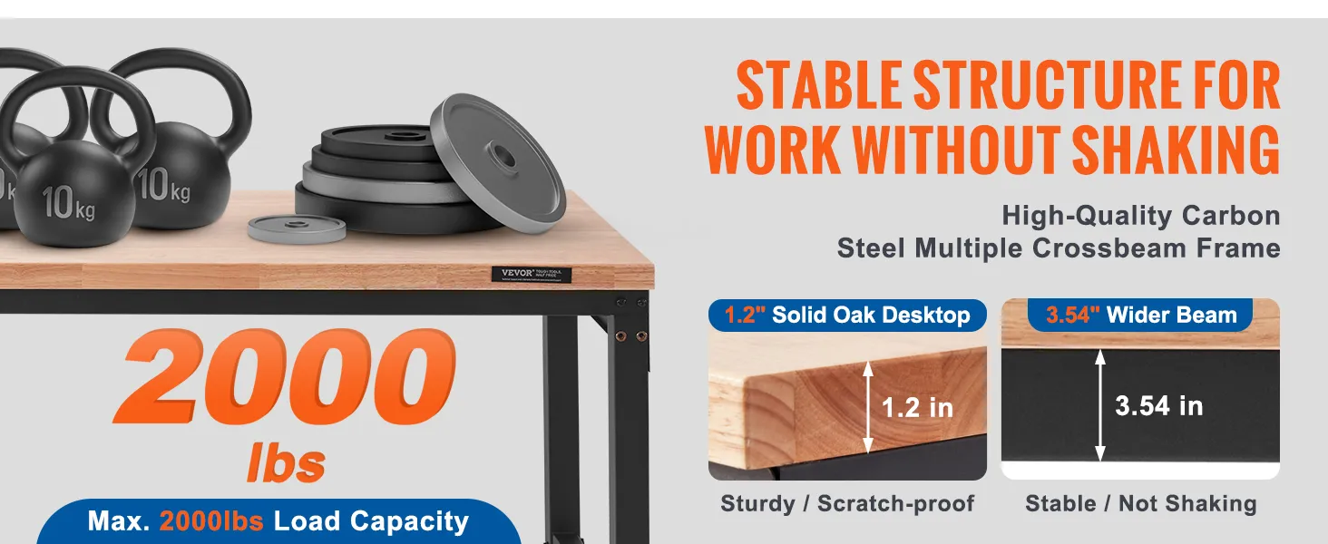 Banco de trabajo ajustable VEVOR con escritorio de roble macizo de 1,2”, capacidad de carga de 2000 libras y viga 3,54” más ancha.