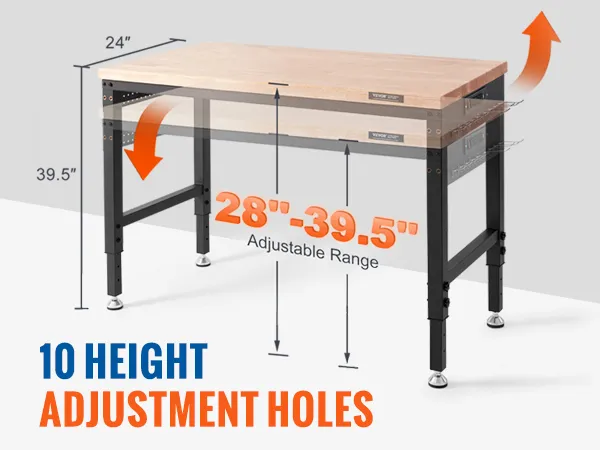 Banco de trabajo ajustable VEVOR con 10 orificios de ajuste de altura, rango de 28 a 39,5" y ajuste manual sin herramientas.