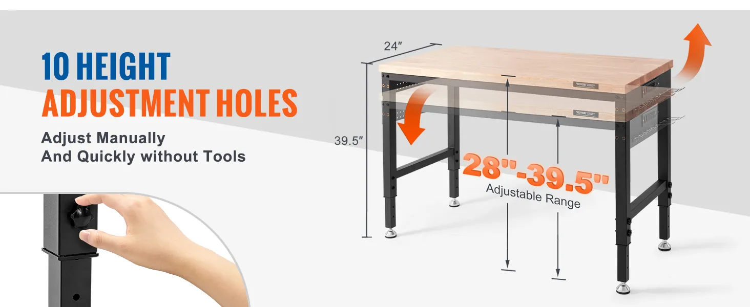 Banco de trabajo ajustable VEVOR con 10 orificios de ajuste de altura, rango de 28 a 39,5" y ajuste manual sin herramientas.