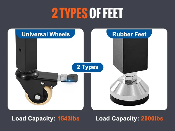 Opciones de ruedas universales y pies de goma para el banco de trabajo ajustable VEVOR con capacidades de carga de 1543 libras y 2000 libras.
