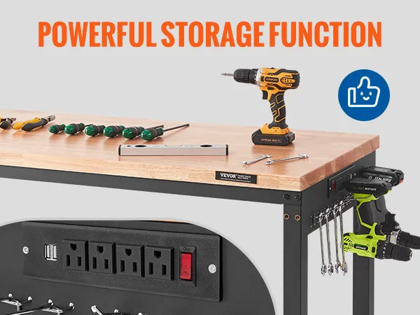Banco de trabajo ajustable VEVOR con enchufes integrados, placas de clavos, 30 ganchos y herramientas organizadas.