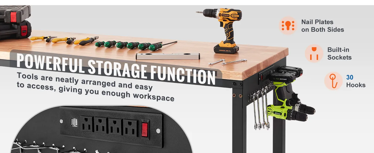Banco de trabajo ajustable VEVOR con enchufes integrados, placas de clavos, 30 ganchos y herramientas organizadas.