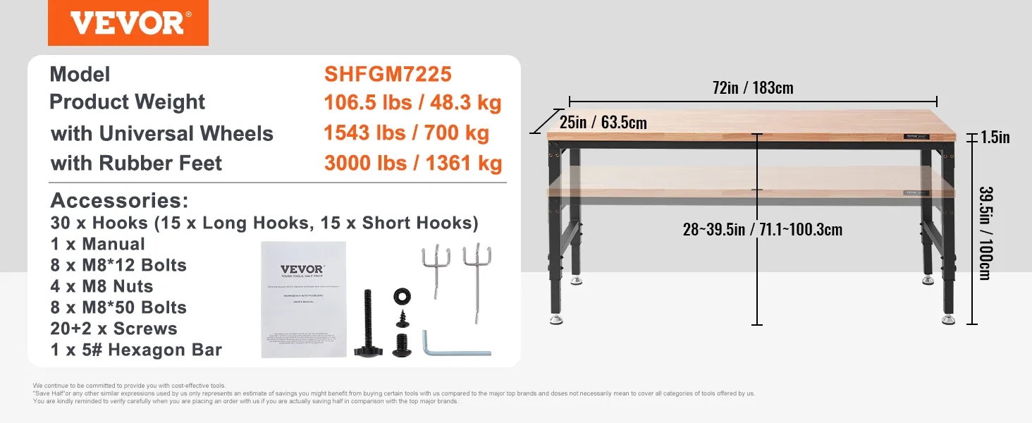 VEVOR workbench shfgm7225, 72 inches, adjustable height, with accessories set.