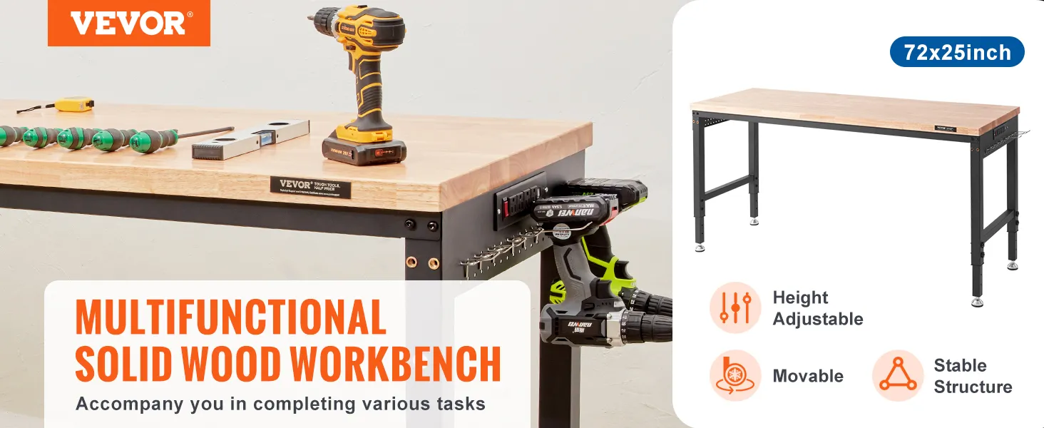 VEVOR adjustable workbench with tools, solid wood top, height adjustable, and stable structure. 72x25 inch.