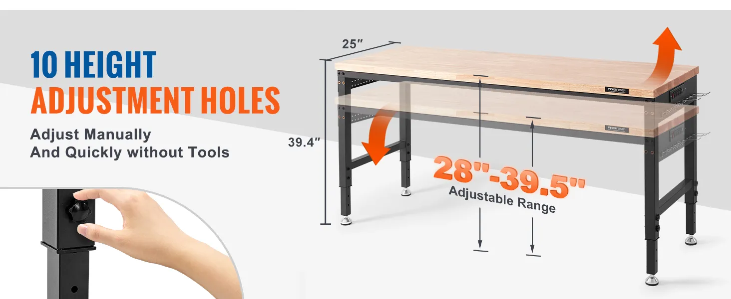 VEVOR adjustable workbench with 10 height adjustment holes from 28" to 39.5" and a 25" wide surface.