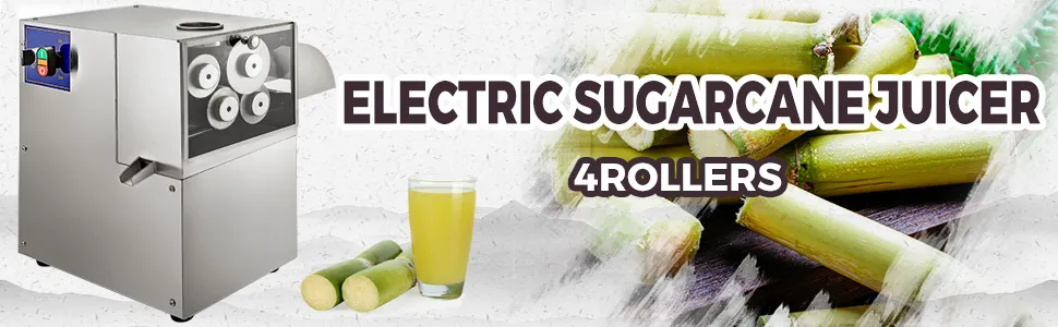 Pressa per canna da zucchero VEVOR con quattro rulli accanto ai gambi di canna da zucchero e al succo.