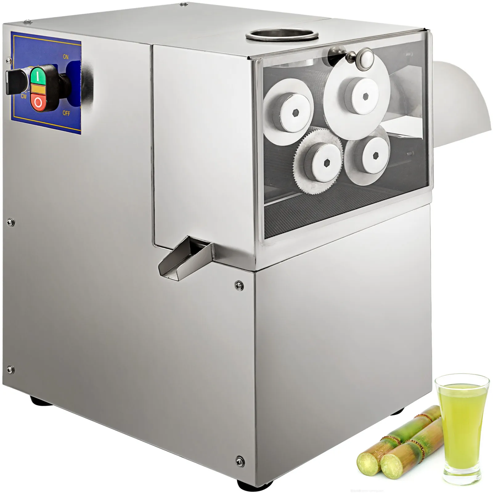 Spremitura per canna da zucchero VEVOR con corpo, pannello di controllo e bicchiere per il succo in acciaio inox.