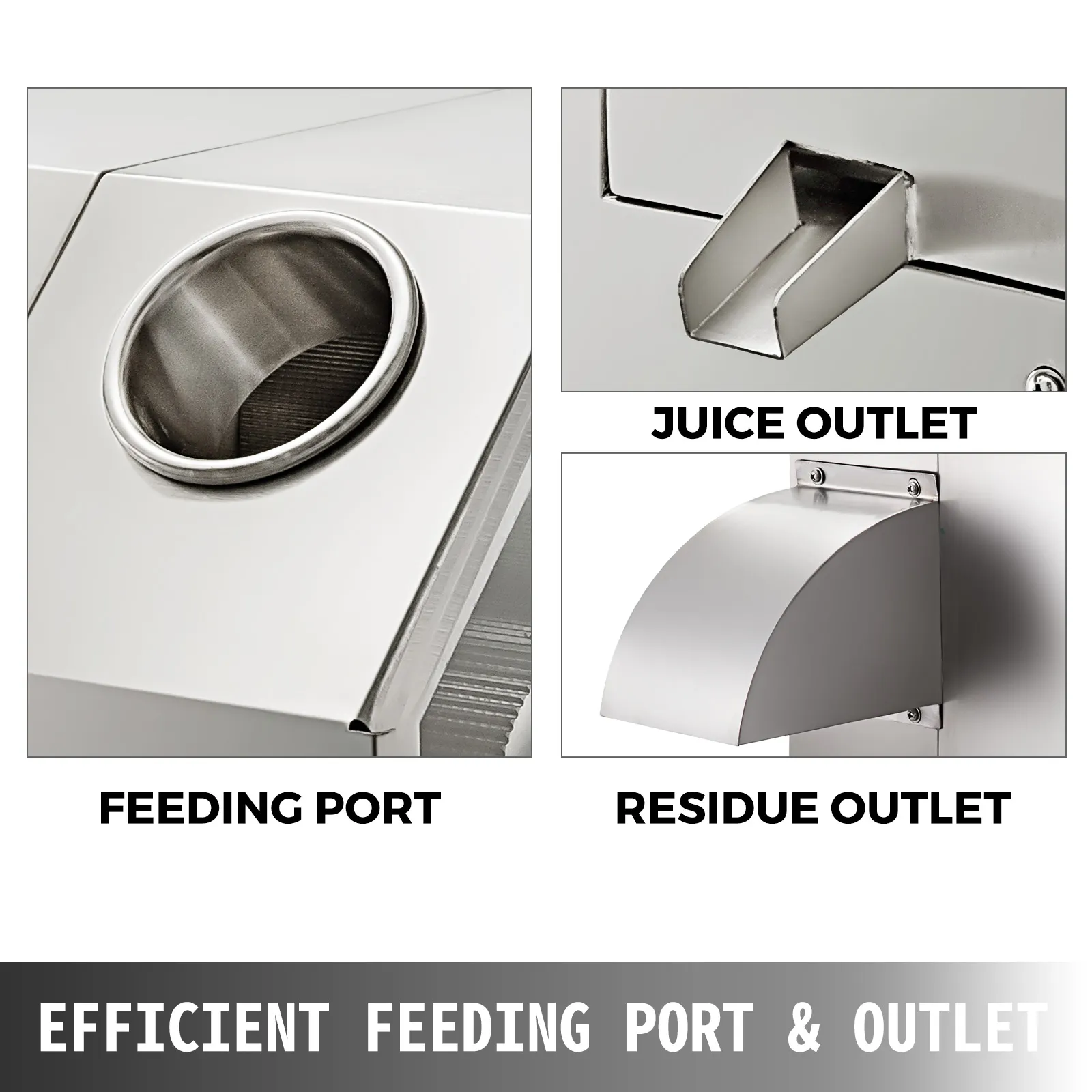 Componenti della pressa per canna da zucchero VEVOR: porta di alimentazione, uscita del succo e uscita dei residui.