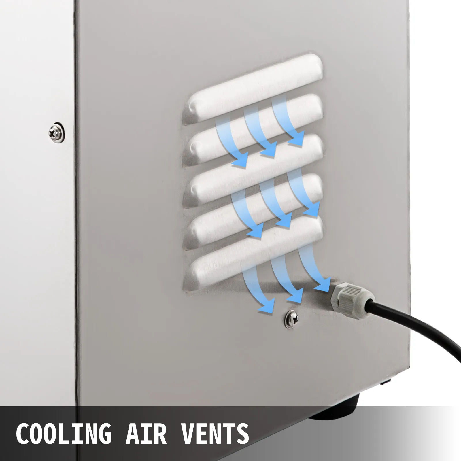 Prese d'aria di raffreddamento della pressa per canna da zucchero VEVOR con frecce che illustrano il flusso d'aria.