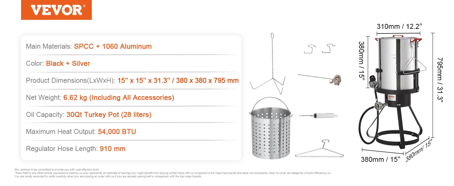 VEVOR kalkoenfriteuse, capaciteit 30qt, zwart en zilver, met accessoires, afmetingen 380x380x795mm.