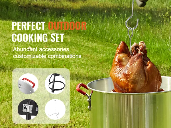 Perfecte kookset voor buiten met VEVOR kalkoenfriteuse uit roestvrijstalen pan, accessoires weergegeven.