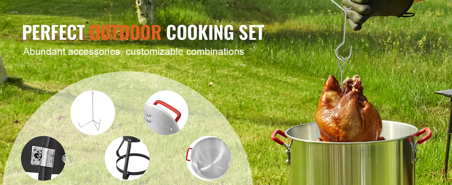 Perfecte kookset voor buiten met VEVOR kalkoenfriteuse uit roestvrijstalen pan, accessoires weergegeven.
