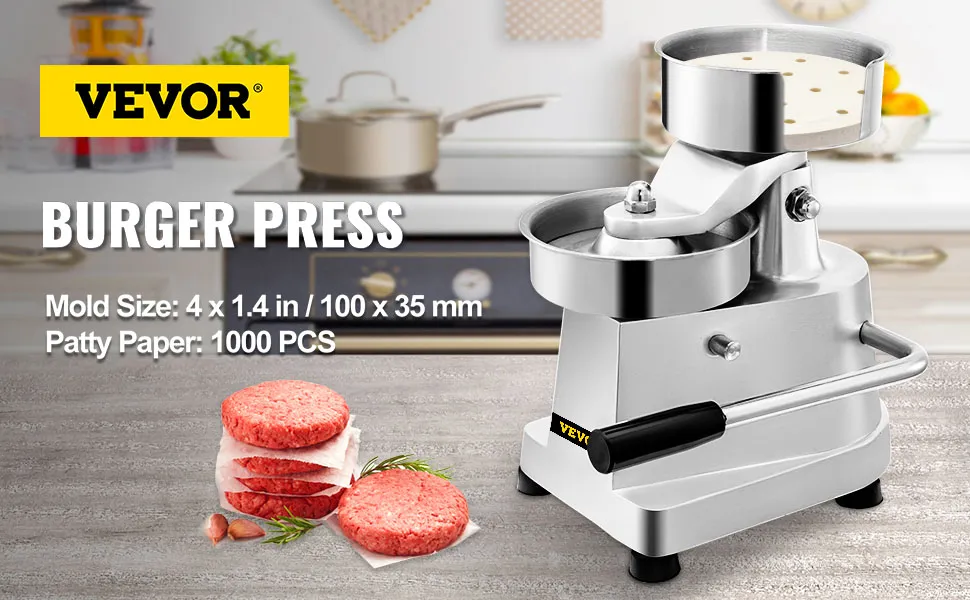 VEVOR hamburger patty maker: stainless steel burger press and patties on a kitchen counter.