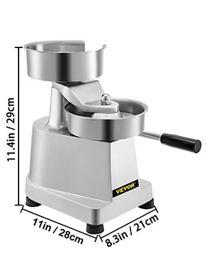 VEVOR hamburger patty maker with dimensions labeled, featuring a sturdy handle.