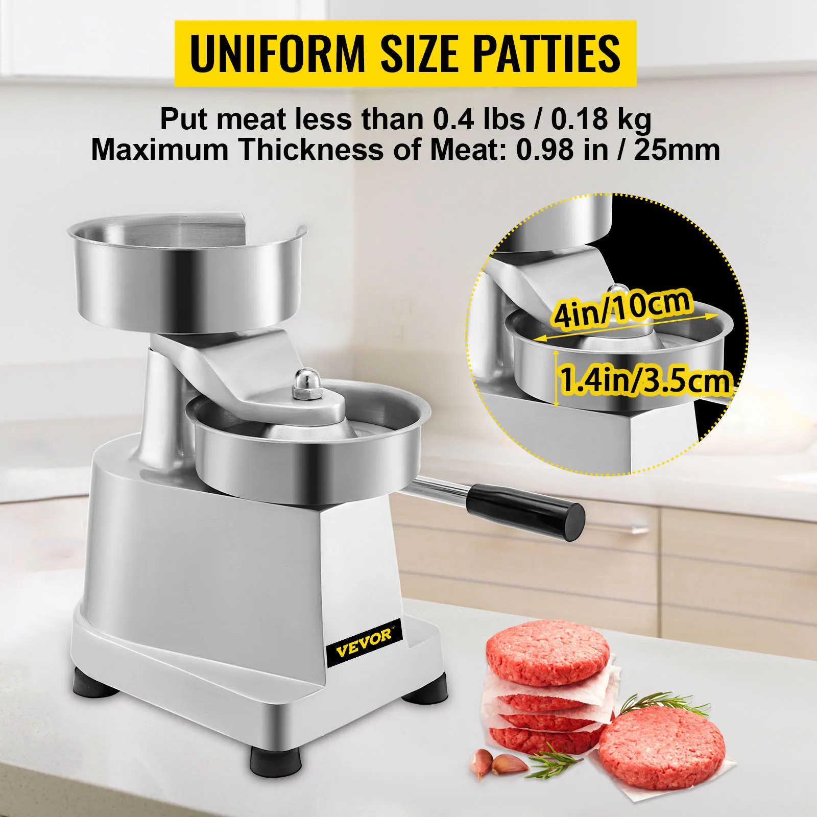 VEVOR hamburger patty maker with measurement guidelines and raw patties on a countertop.