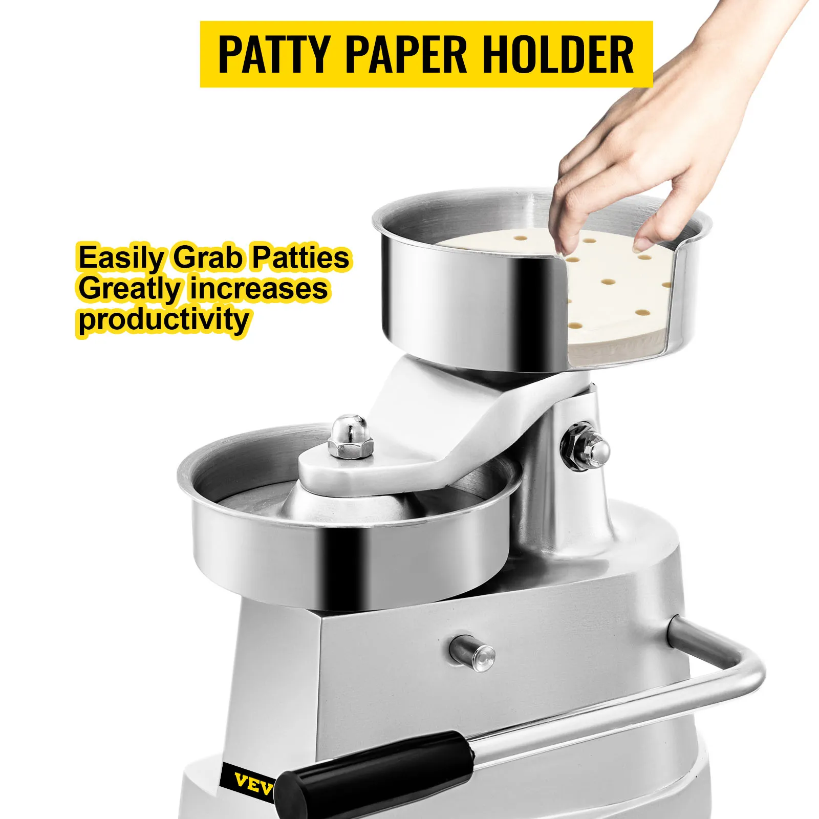 VEVOR hamburger patty maker with patty paper holder for increased productivity.