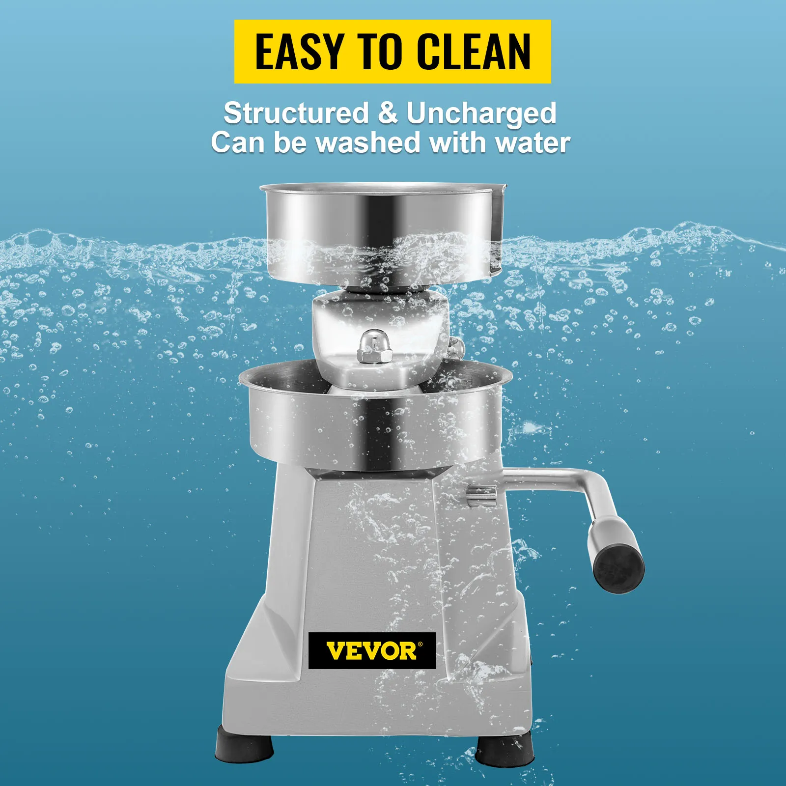 VEVOR hamburger patty maker submerged in water with "easy to clean" text above.