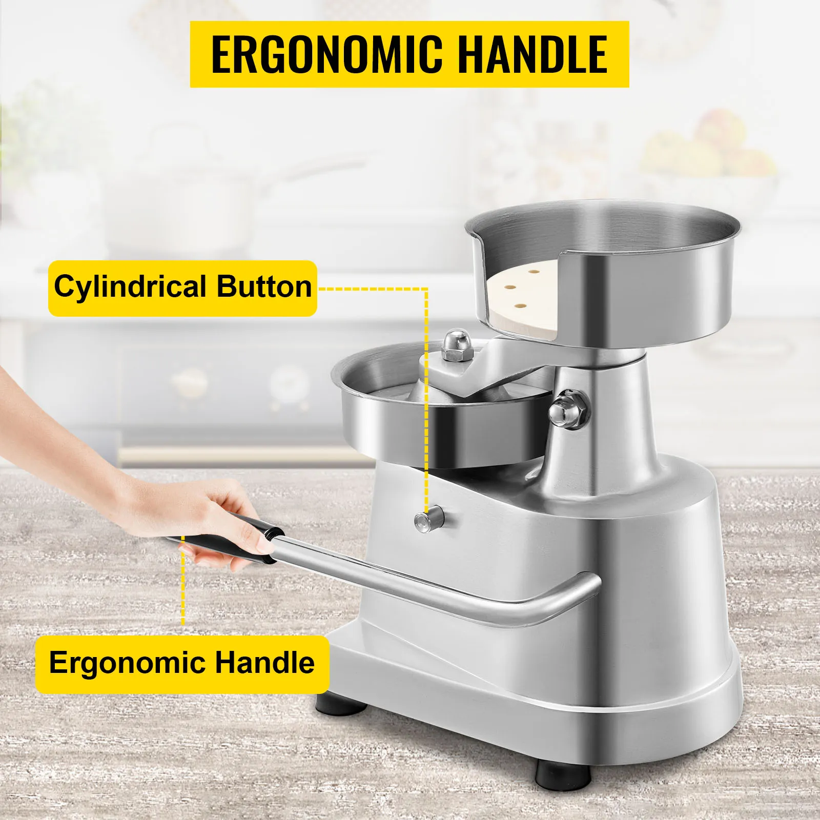 VEVOR hamburger patty maker with ergonomic handle and cylindrical button.