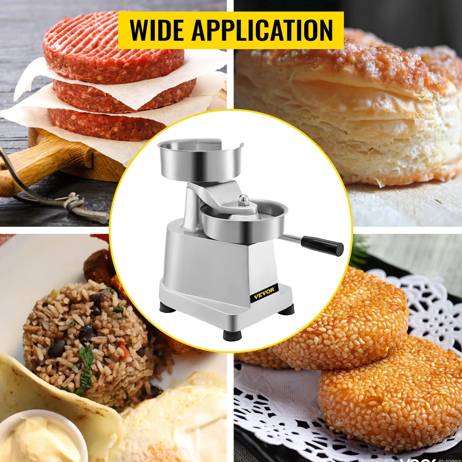 VEVOR hamburger patty maker with various culinary applications, including pastries and rice dishes.