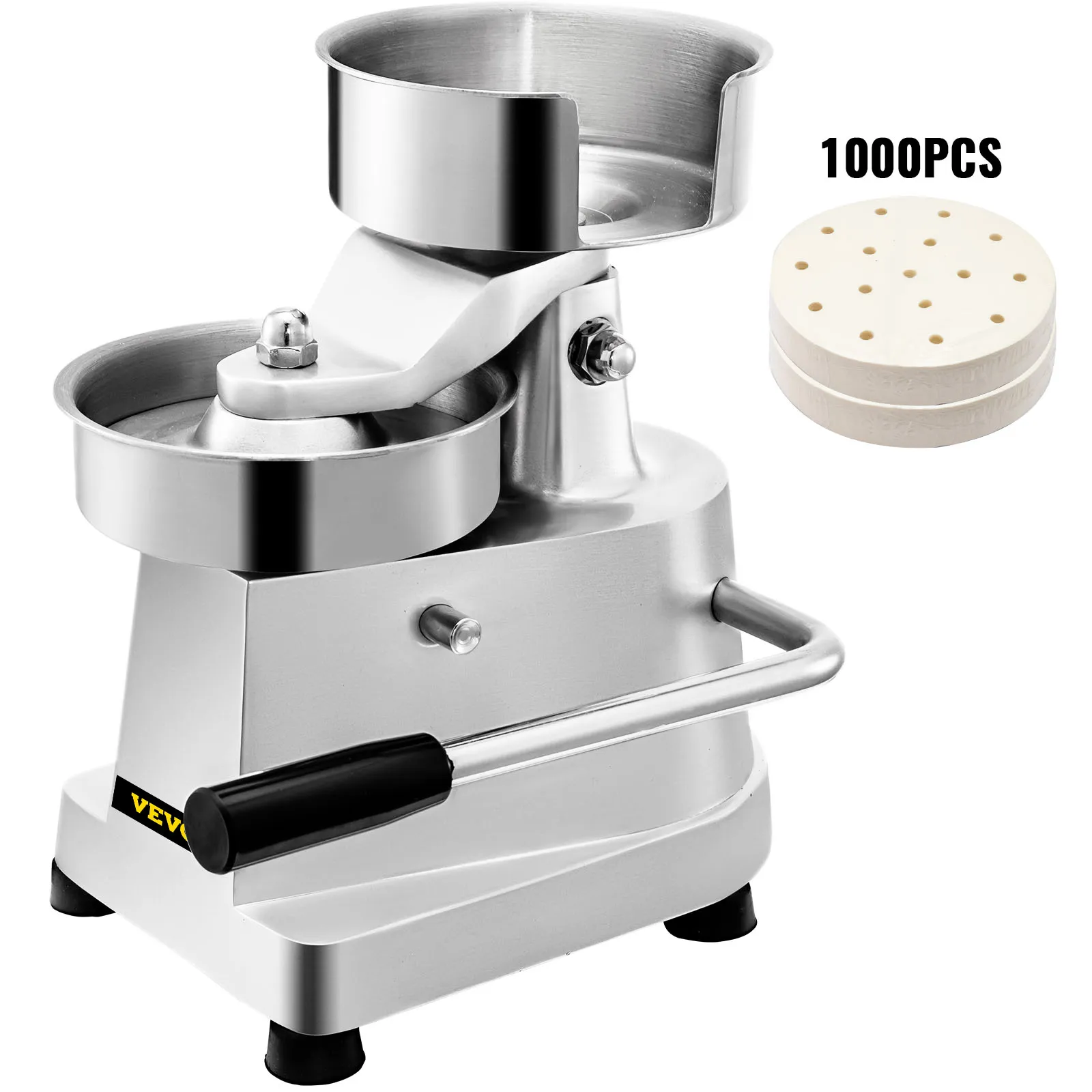 VEVOR burger press with stack of 1000pcs patty papers.
