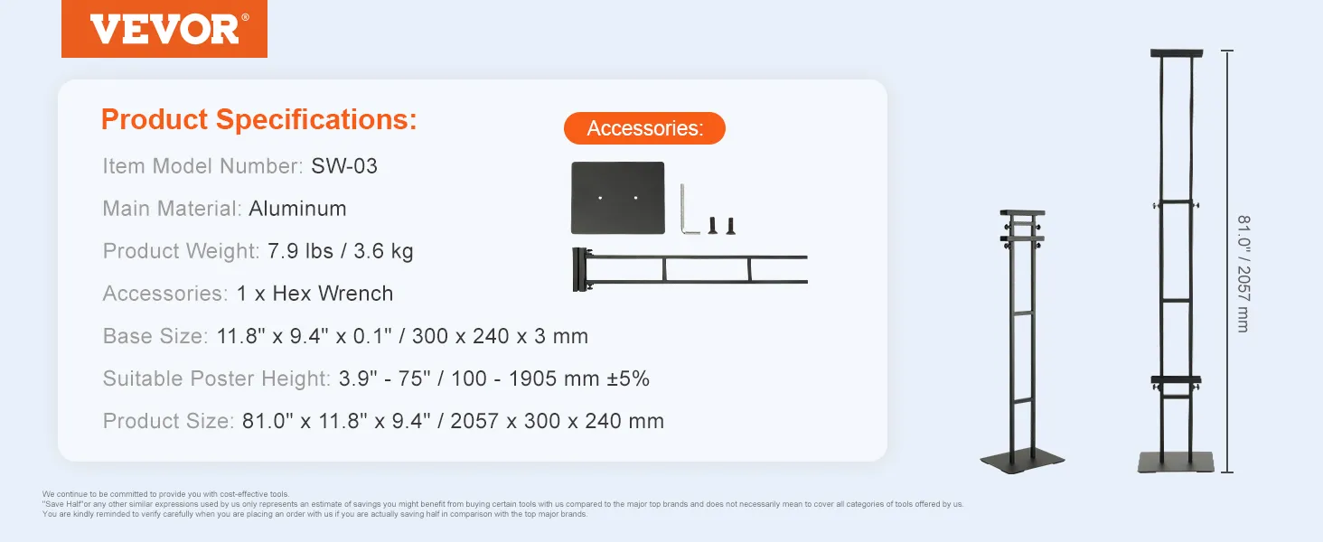Espositore per poster VEVOR con cornice in alluminio, altezza regolabile, chiave esagonale, 81" di altezza, 7,9 libbre.