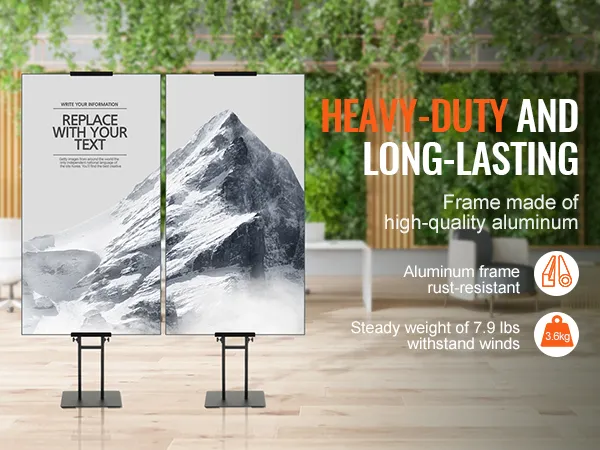 Espositore per poster VEVOR con telaio in alluminio resistente, adatto per l'esposizione in ambienti interni, resistente alla ruggine e robusto.