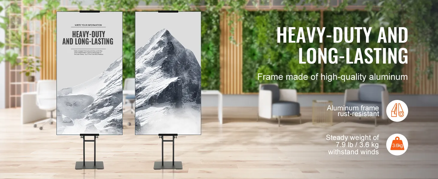 Espositore per poster VEVOR con telaio in alluminio resistente, adatto per l'esposizione in ambienti interni, resistente alla ruggine e robusto.