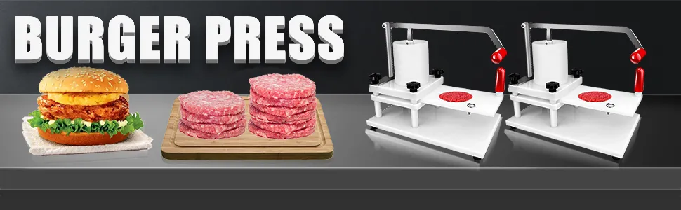 VEVOR burger press alongside a burger and neatly stacked patties on a wooden board.