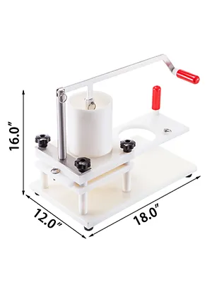 VEVOR burger press with red handle, dimensions: 16"x12"x18".