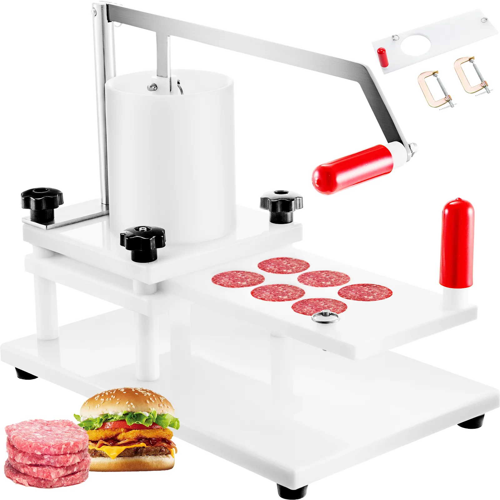 VEVOR burger press with red handle, mold, burger patties, and a completed burger.