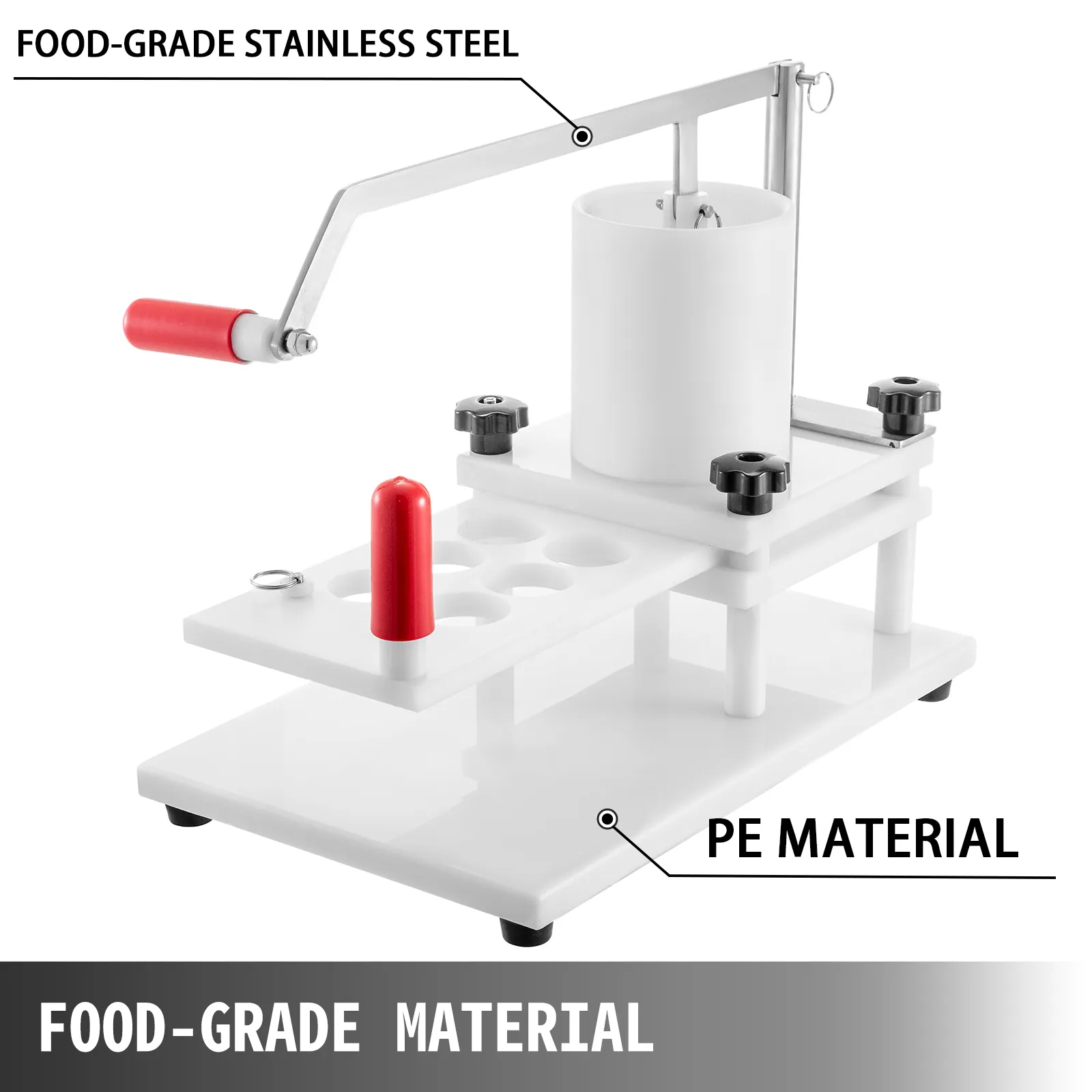 VEVOR burger press with food-grade stainless steel handle and pe material base.