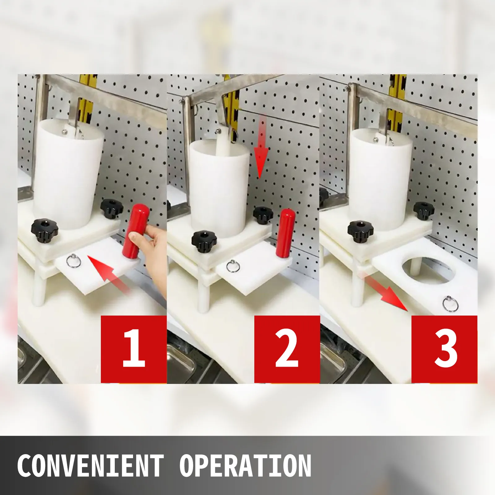 VEVOR burger press operation with ergonomic red handle and pegboard background.