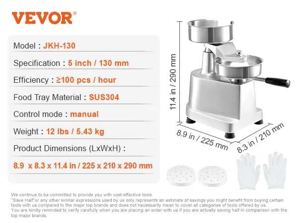 VEVOR burger patty maker, model jkh-130, 5-inch manual, sus304 food tray, includes gloves and molds.