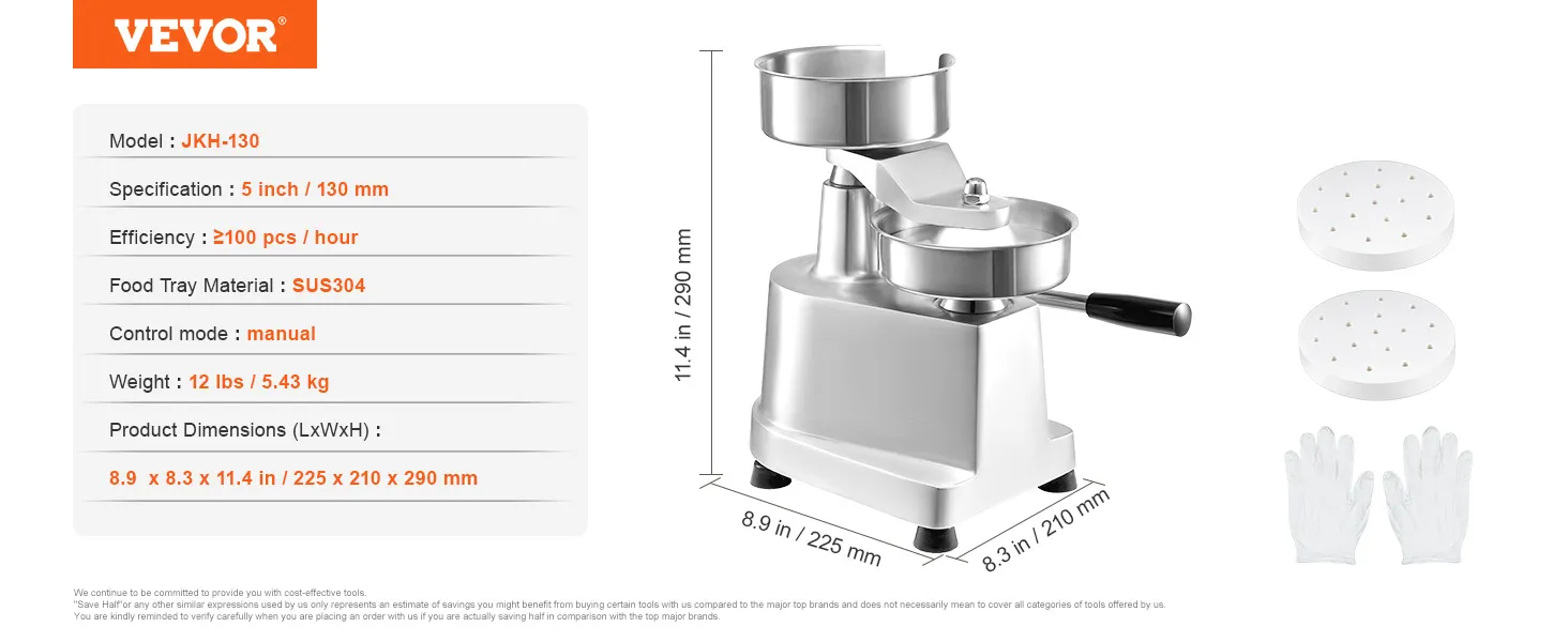 VEVOR burger patty maker, model jkh-130, 5-inch manual, sus304 food tray, includes gloves and molds.