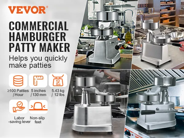 VEVOR burger patty maker in commercial kitchen, producing patties with labor-saving lever and non-slip feet.