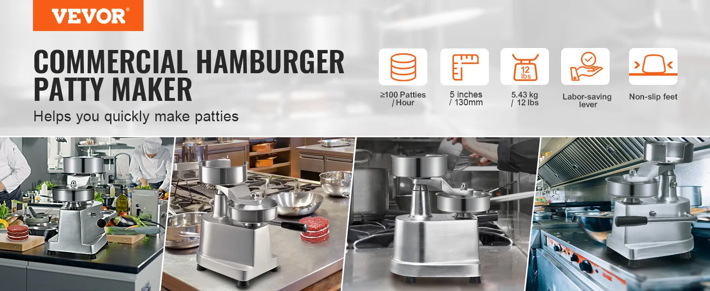 VEVOR burger patty maker in commercial kitchen, producing patties with labor-saving lever and non-slip feet.