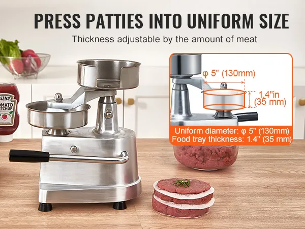 VEVOR burger patty maker with adjustable thickness lever and measurement display on kitchen counter.