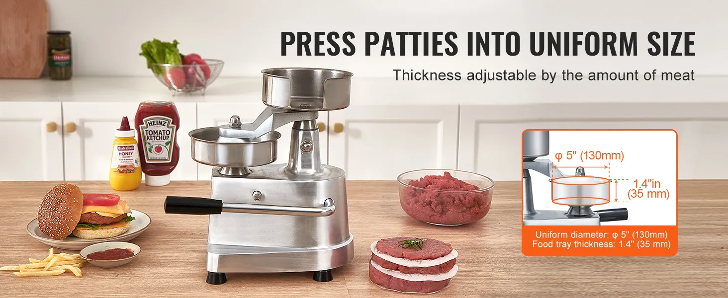 VEVOR burger patty maker with adjustable thickness lever and measurement display on kitchen counter.