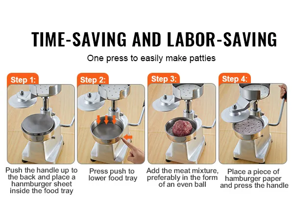 steps to use VEVOR burger patty maker: load tray, press down, add meat, add paper, press handle.