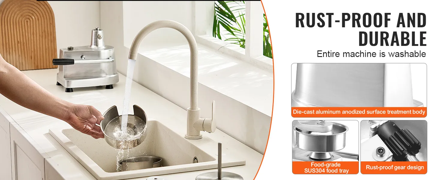 rust-proof and durable VEVOR burger patty maker being washed under a kitchen faucet.