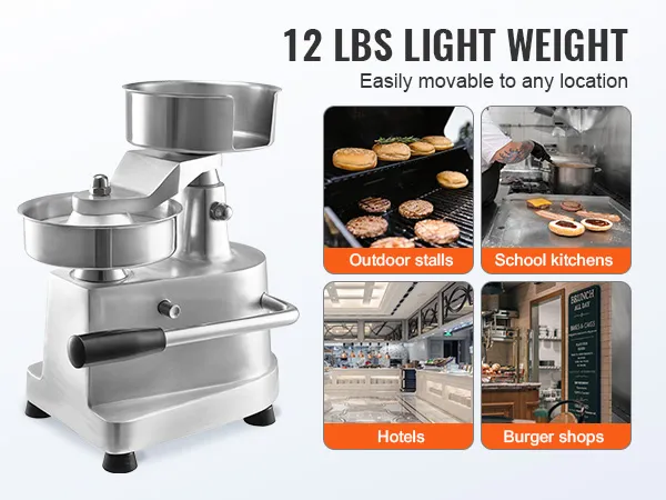 VEVOR burger patty maker, compact, lightweight; ideal for outdoor stalls, school kitchens, hotels, and burger shops.