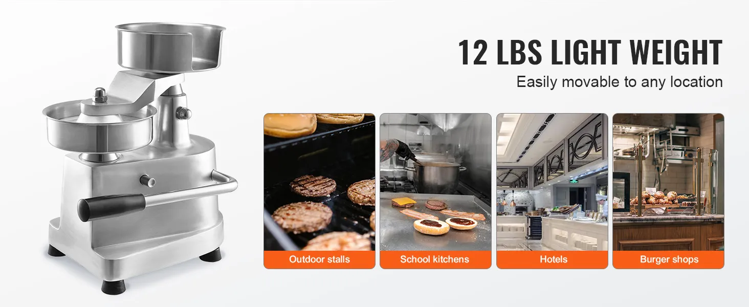 VEVOR burger patty maker, compact, lightweight; ideal for outdoor stalls, school kitchens, hotels, and burger shops.