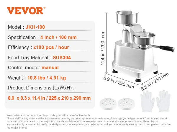 VEVOR hamburguesa patty maker jkh-100, máquina manual de 4 pulgadas, material sus304, con dimensiones y accesorios.