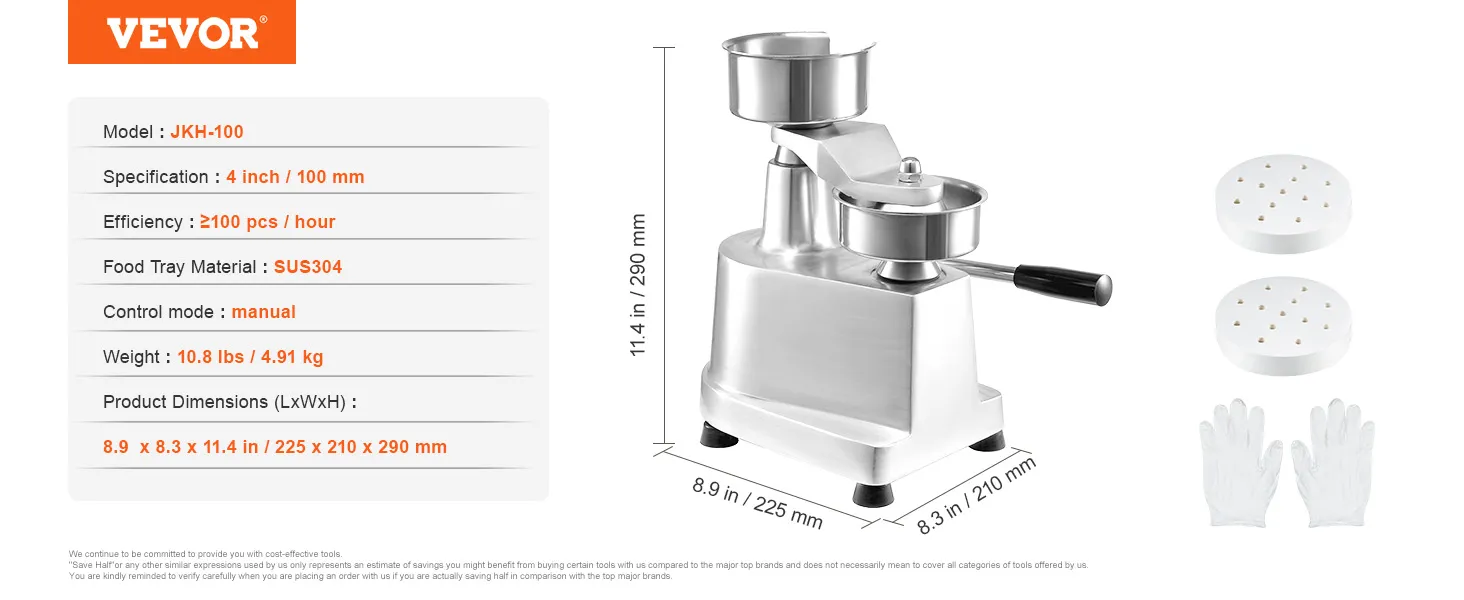 VEVOR hamburguesa patty maker jkh-100, máquina manual de 4 pulgadas, material sus304, con dimensiones y accesorios.