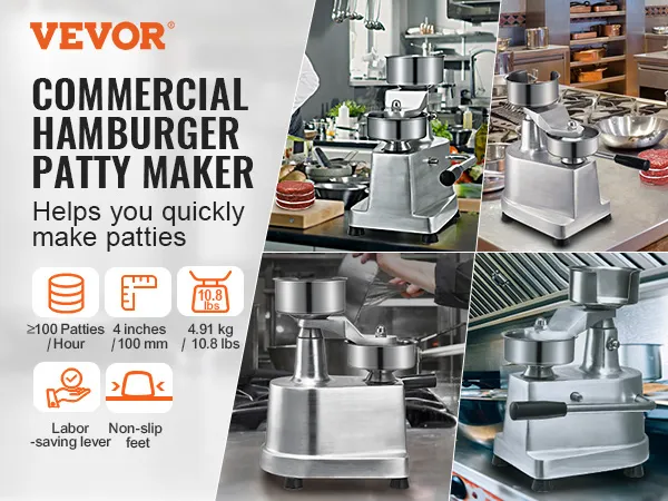 Máquina para hacer hamburguesas VEVOR presentada con características clave en un entorno de cocina profesional.