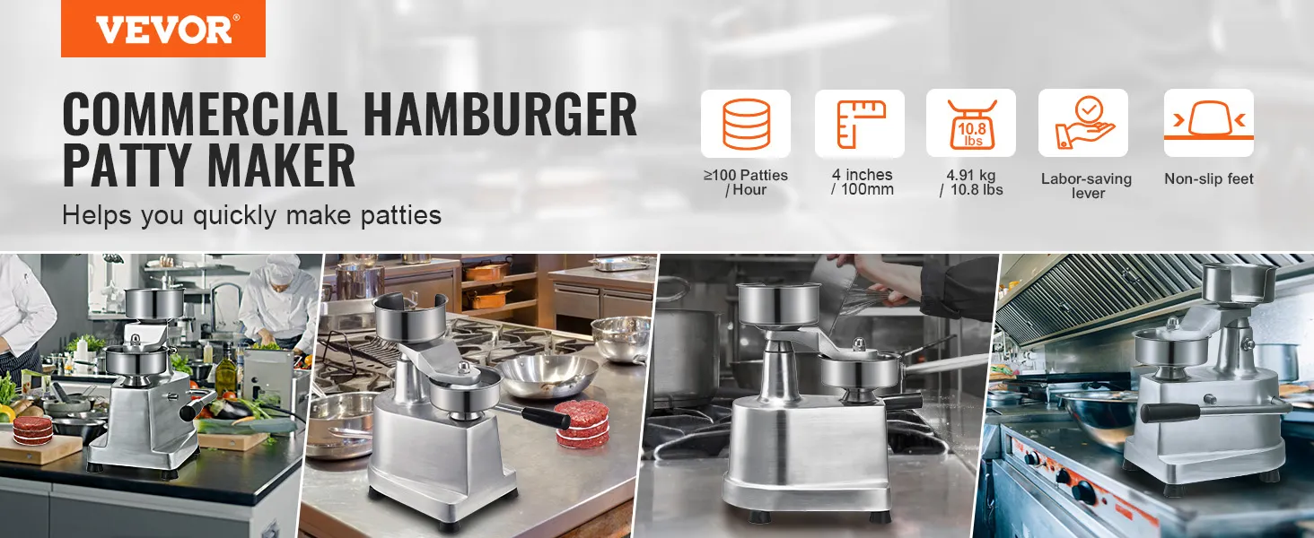 Máquina para hacer hamburguesas VEVOR presentada con características clave en un entorno de cocina profesional.