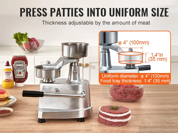 Máquina para hacer hamburguesas VEVOR con grosor ajustable, junto con condimentos e ingredientes para hamburguesas en la encimera de la cocina