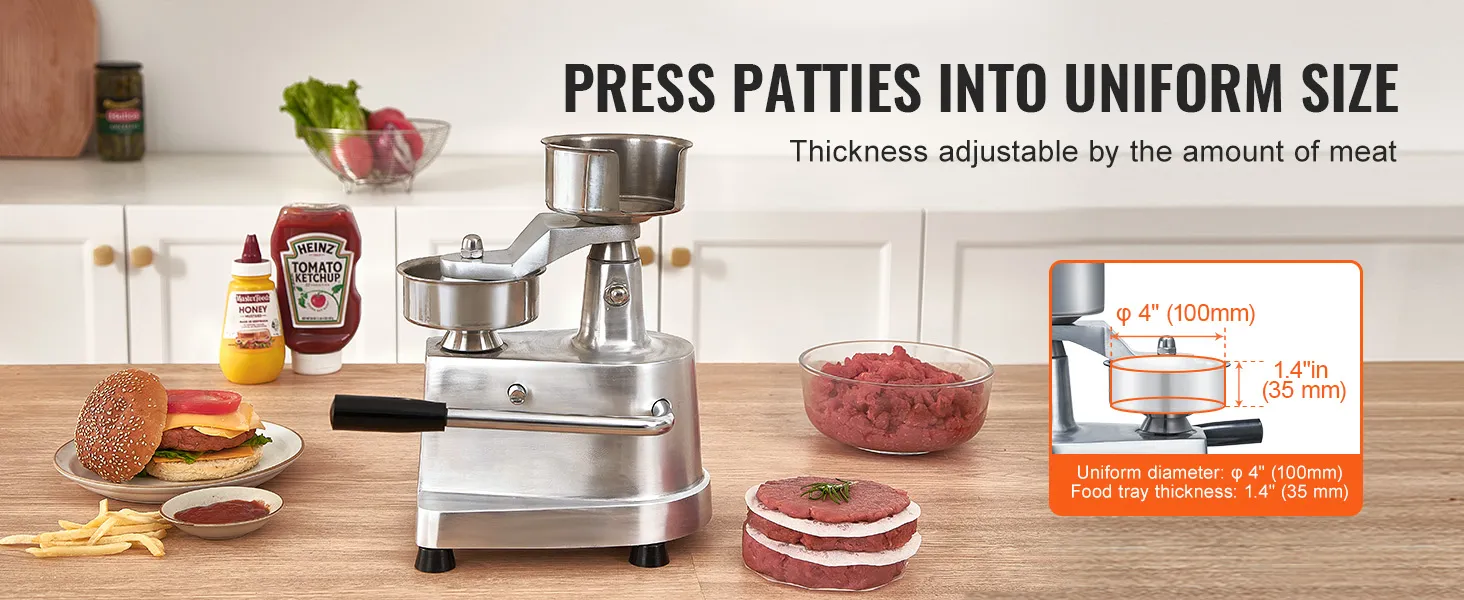Máquina para hacer hamburguesas VEVOR con grosor ajustable, junto con condimentos e ingredientes para hamburguesas en la encimera de la cocina