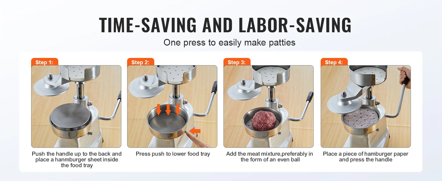Se muestran los pasos para utilizar la máquina para hacer hamburguesas VEVOR, desde colocar el papel hasta presionar el mango para hacer hamburguesas.